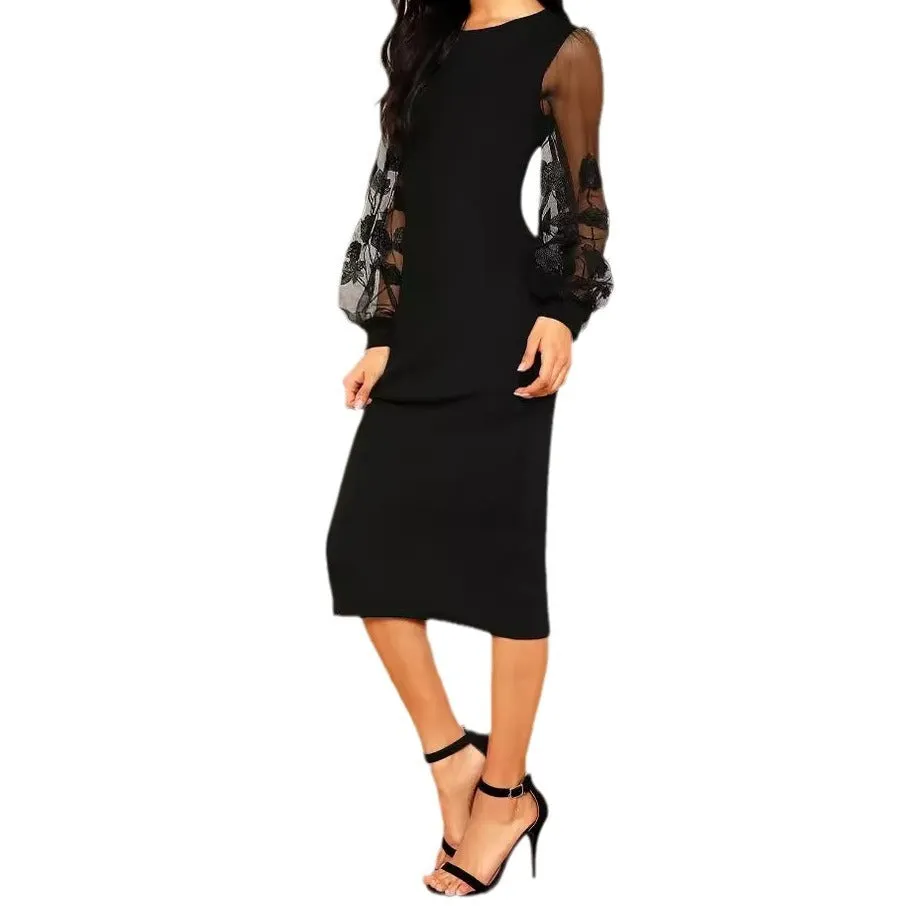 Solid Color Mesh Sleeves Dress