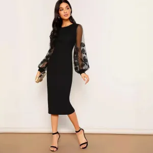 Solid Color Mesh Sleeves Dress