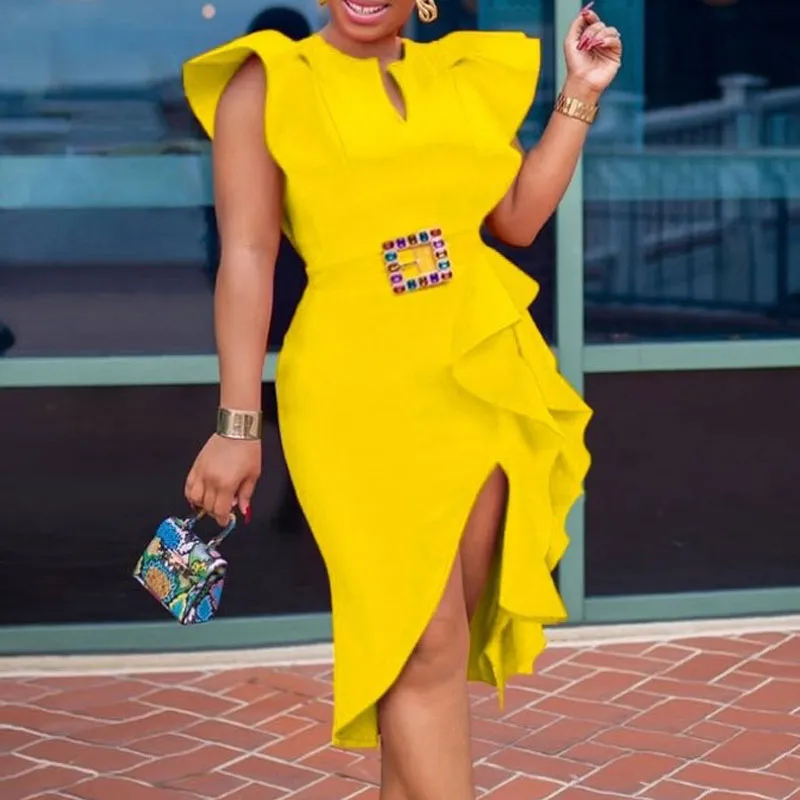 Solid Sleeveless Ruffle Design High Slit Dress