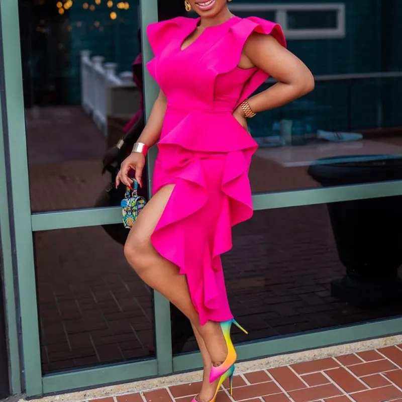 Solid Sleeveless Ruffle Design High Slit Dress