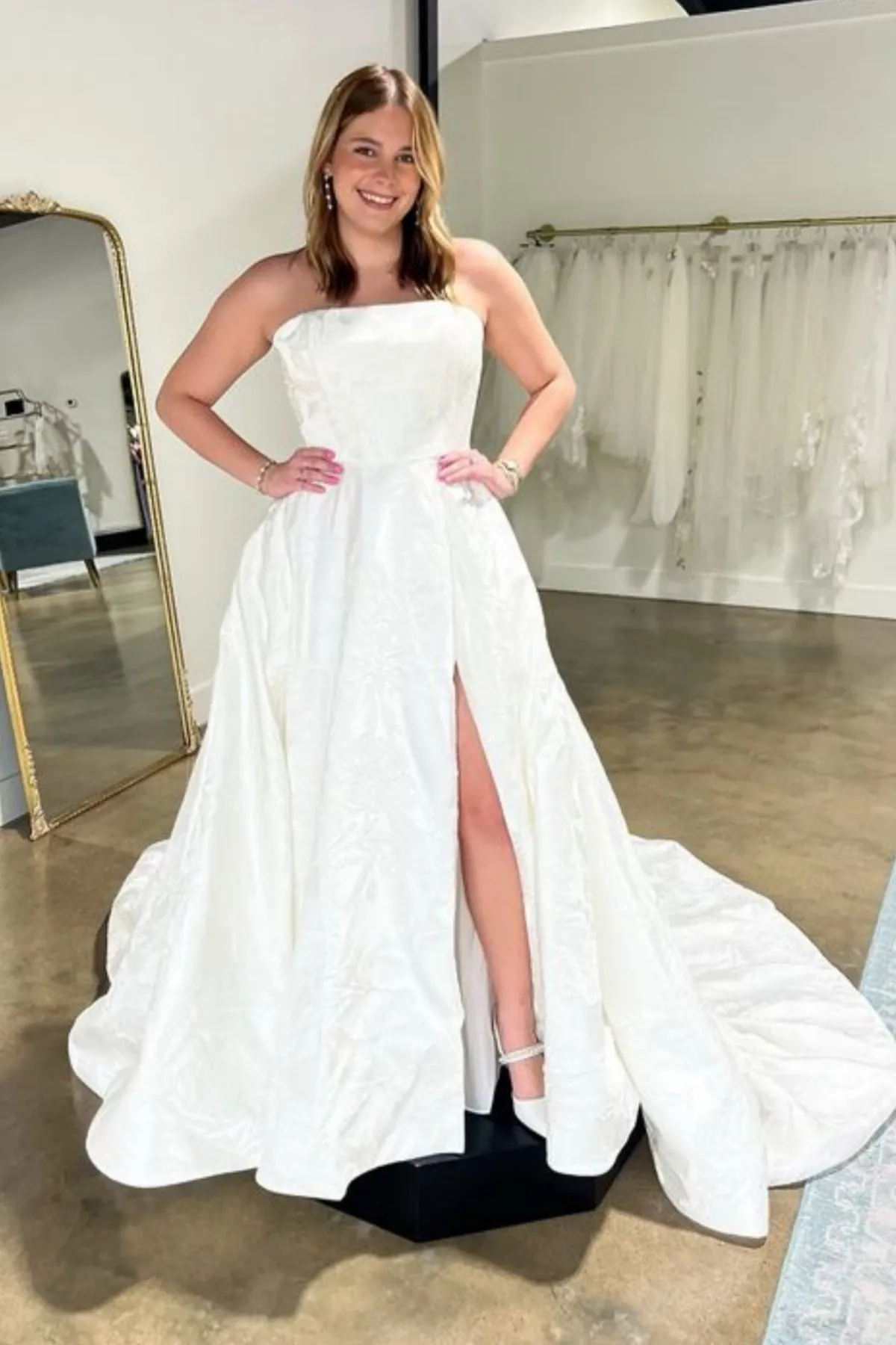 Strapless Printing Satin White Long Prom Dress with High Slit, Long White Formal Graduation Evening Dress A2178