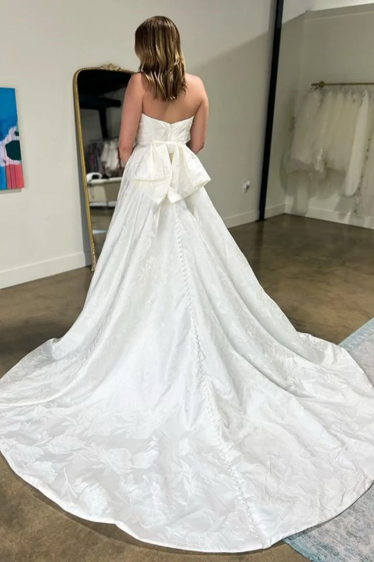 Strapless Printing Satin White Long Prom Dress with High Slit, Long White Formal Graduation Evening Dress A2178
