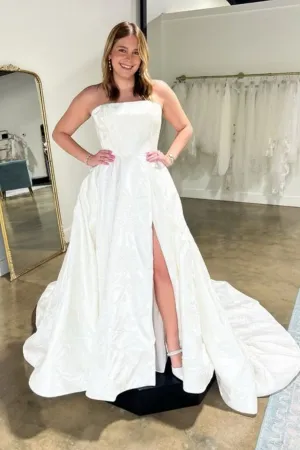 Strapless Printing Satin White Long Prom Dress with High Slit, Long White Formal Graduation Evening Dress A2178