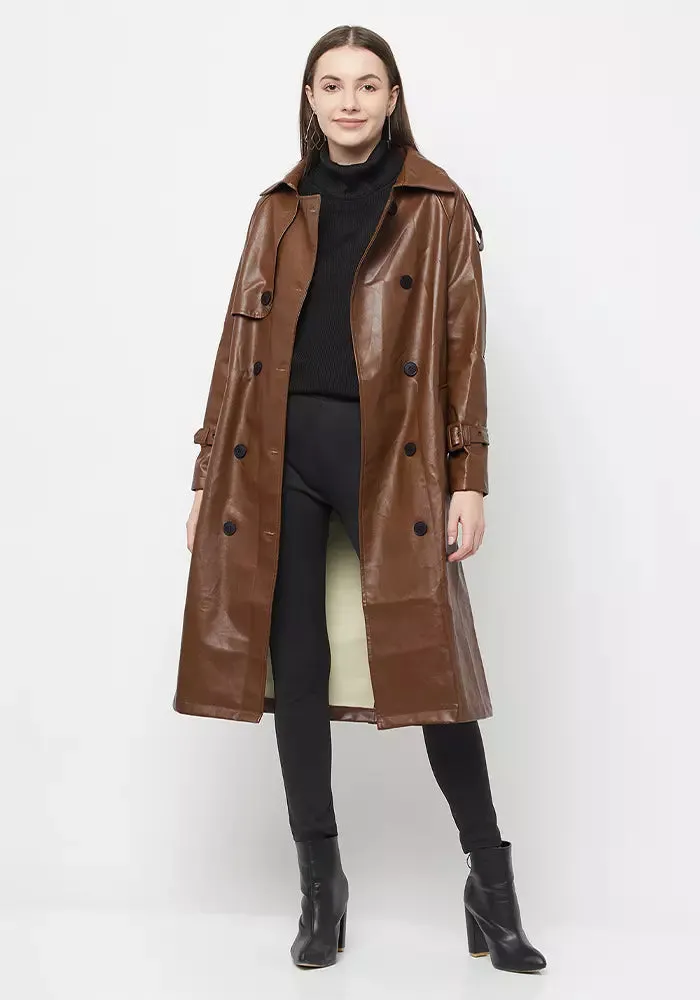 Tan Faux Leather Belted Midi Trench Coat