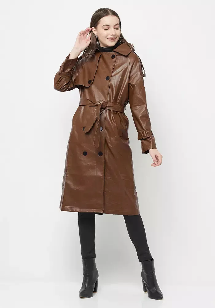 Tan Faux Leather Belted Midi Trench Coat
