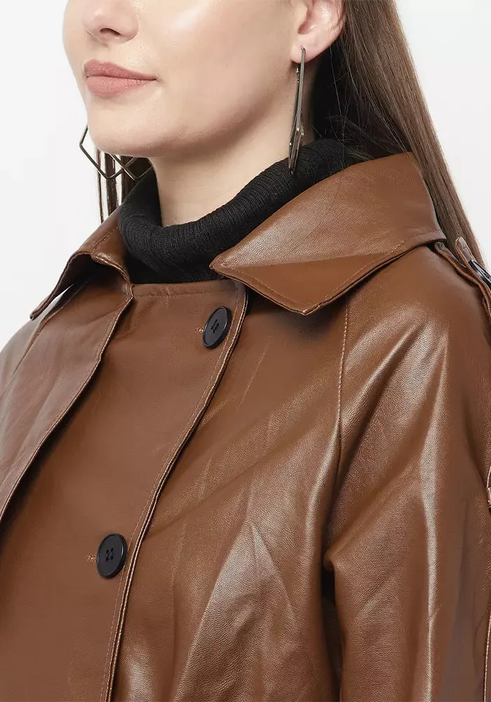 Tan Faux Leather Belted Midi Trench Coat