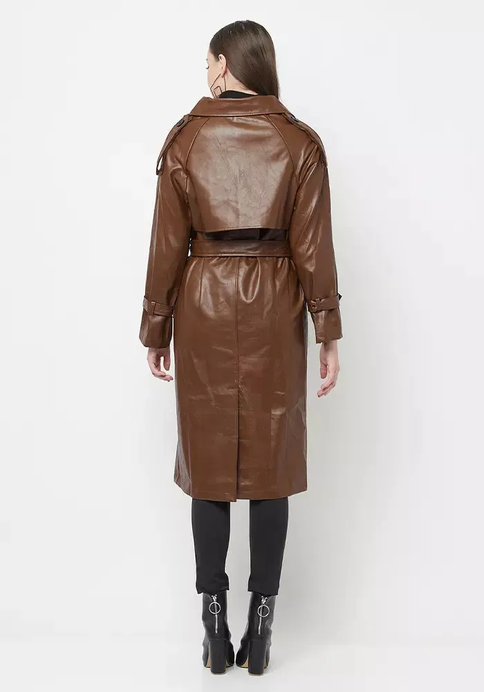Tan Faux Leather Belted Midi Trench Coat