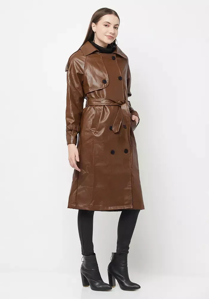 Tan Faux Leather Belted Midi Trench Coat