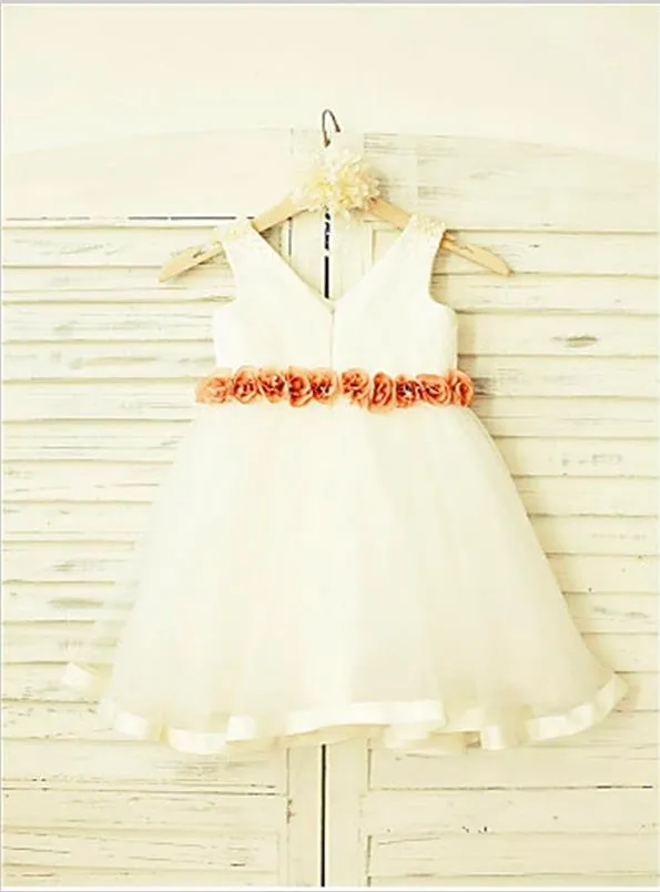 Tulle Princess V-neck Sleeveless Flower Girl Dresses Tea Length Dress With Hand-made Flower