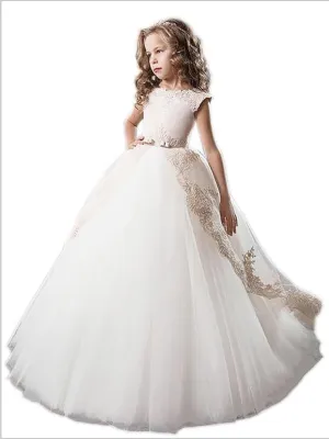 Tulle Scoop Sleeveless Flower Girl Dresses Floor Length Ball Gown With Applique
