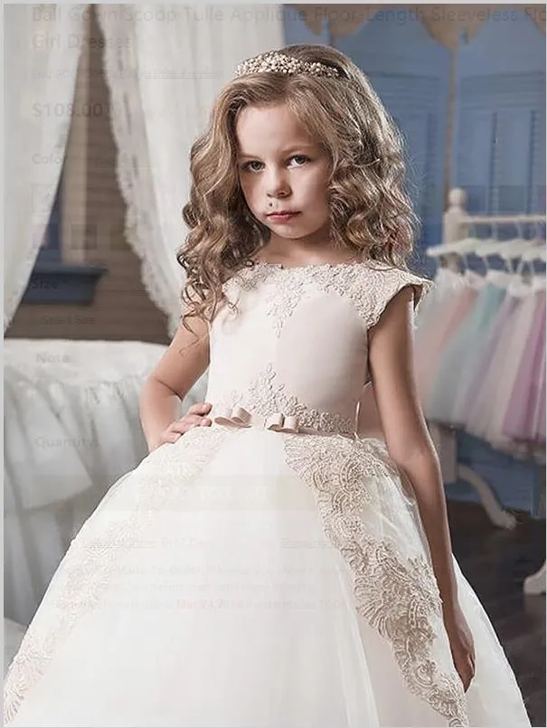 Tulle Scoop Sleeveless Flower Girl Dresses Floor Length Ball Gown With Applique