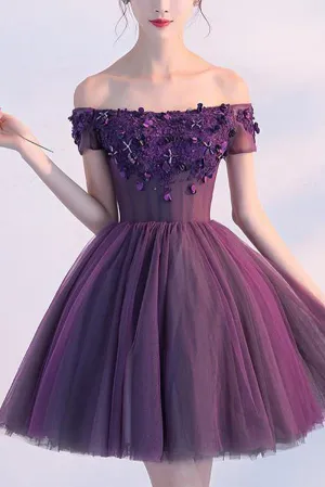 Tulle Simple Purple Off Shoulder Short Homecoming Dress With Appliques, MH413