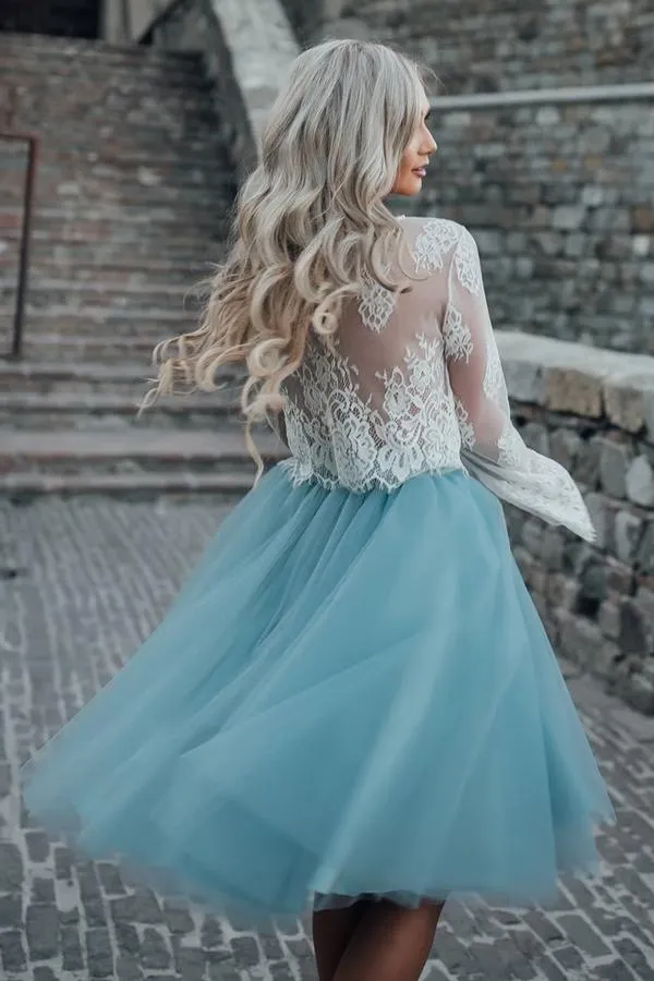 Two-Piece Tutu Skirt White Tulle Lace Long Sleeves Homecoming Dresses, MH392
