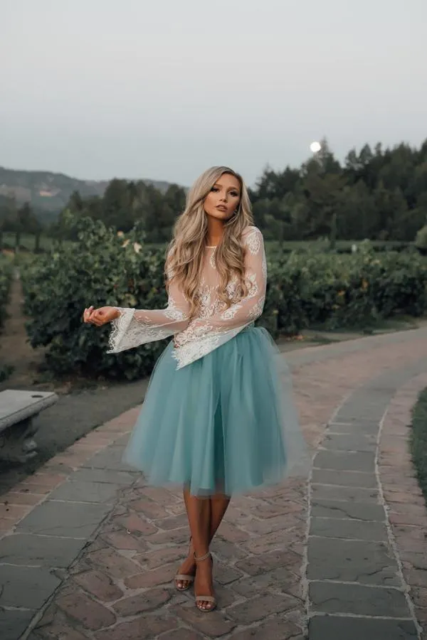 Two-Piece Tutu Skirt White Tulle Lace Long Sleeves Homecoming Dresses, MH392