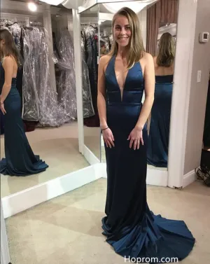V-neck Halter Teal Prom Dresses