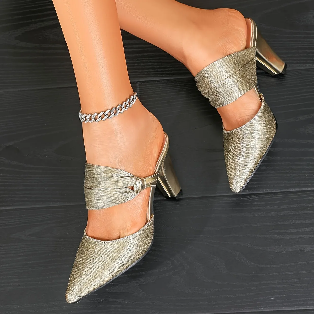 VougeVamp Elegant Brown Pointed-Toe Dress Pumps – Chunky Heel with Ankle Strap