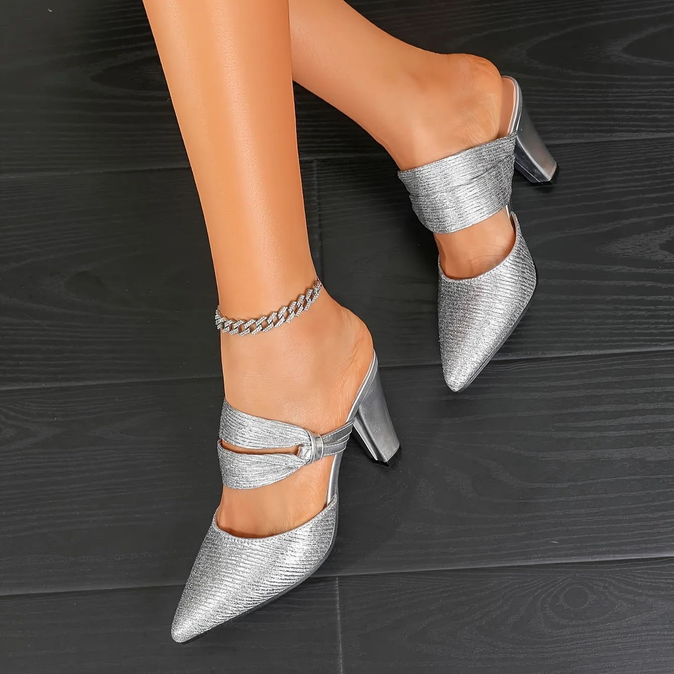 VougeVamp Elegant Brown Pointed-Toe Dress Pumps – Chunky Heel with Ankle Strap
