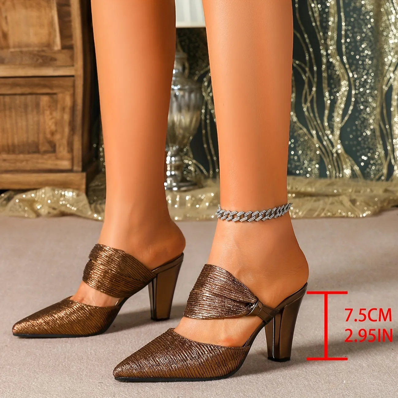 VougeVamp Elegant Brown Pointed-Toe Dress Pumps – Chunky Heel with Ankle Strap