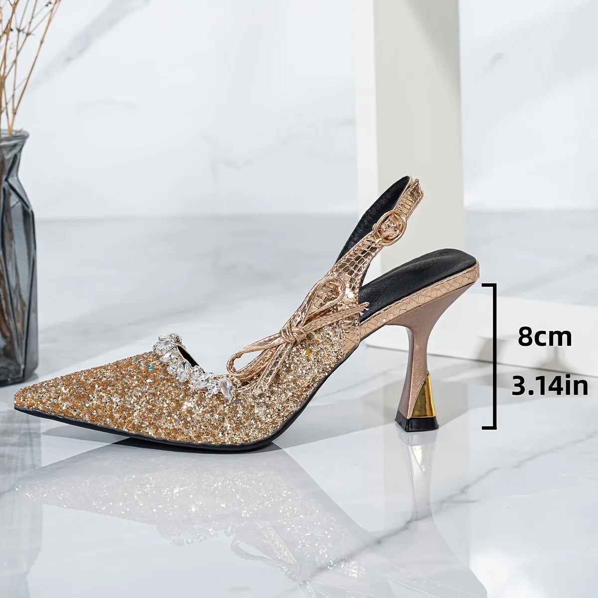 VougeVamp Elegant Golden Stiletto Pumps – Pointed Toe Dress Shoes with Rhinestone Chain Detail