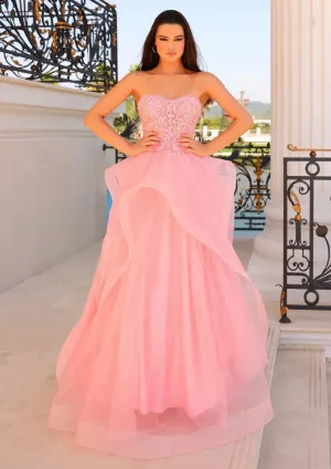 VougeVamp Pink Layered Tulle A-Line Evening Dress - Off-Shoulder Sweetheart Prom Gown with Crystal Detailing