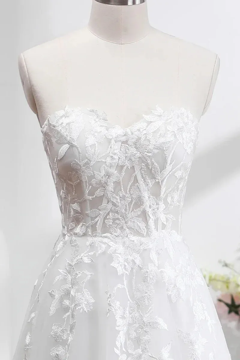 VougeVamp White Tulle Lace Embroidered A-Line Wedding Dress - Removable Long Sleeves with Crystal Detailing
