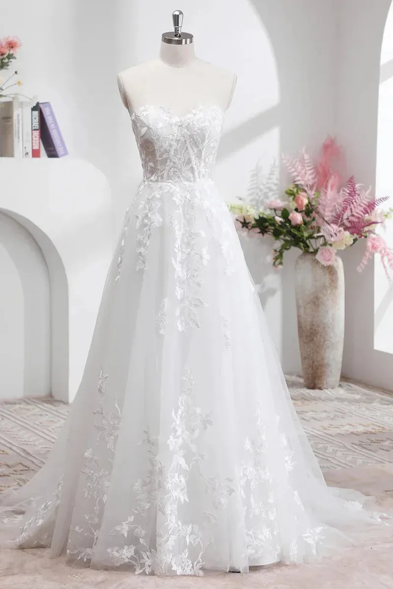 VougeVamp White Tulle Lace Embroidered A-Line Wedding Dress - Removable Long Sleeves with Crystal Detailing
