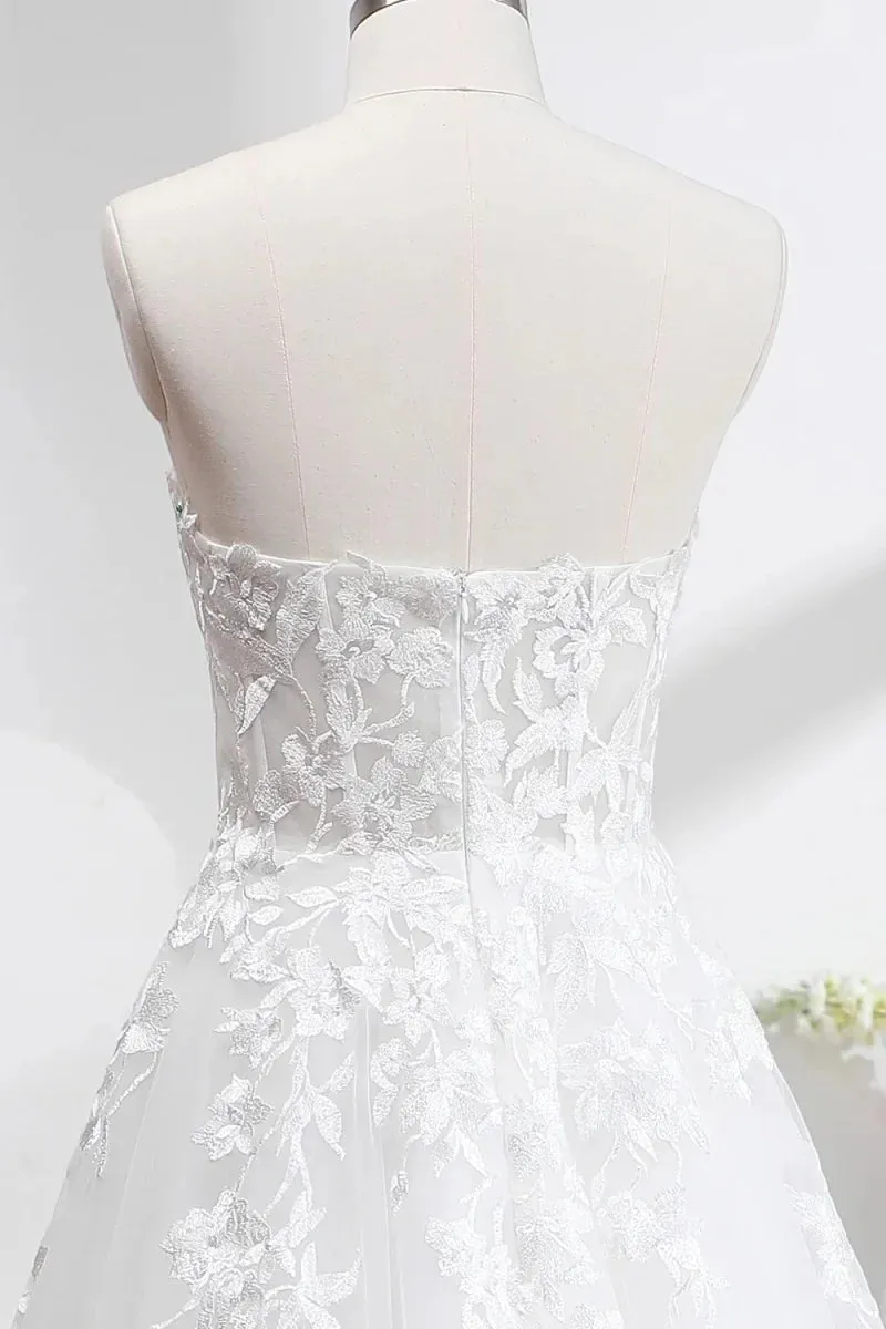 VougeVamp White Tulle Lace Embroidered A-Line Wedding Dress - Removable Long Sleeves with Crystal Detailing