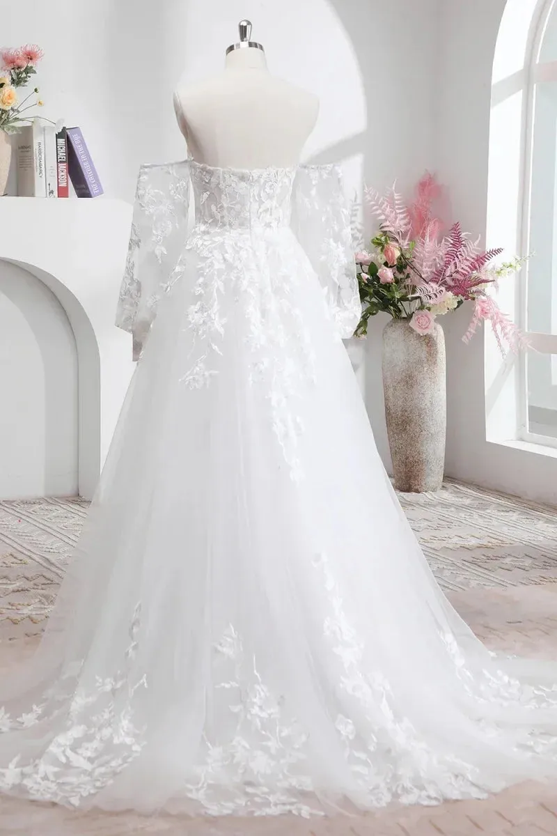 VougeVamp White Tulle Lace Embroidered A-Line Wedding Dress - Removable Long Sleeves with Crystal Detailing