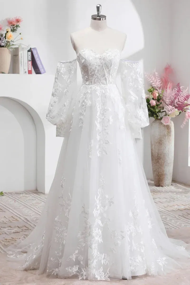 VougeVamp White Tulle Lace Embroidered A-Line Wedding Dress - Removable Long Sleeves with Crystal Detailing
