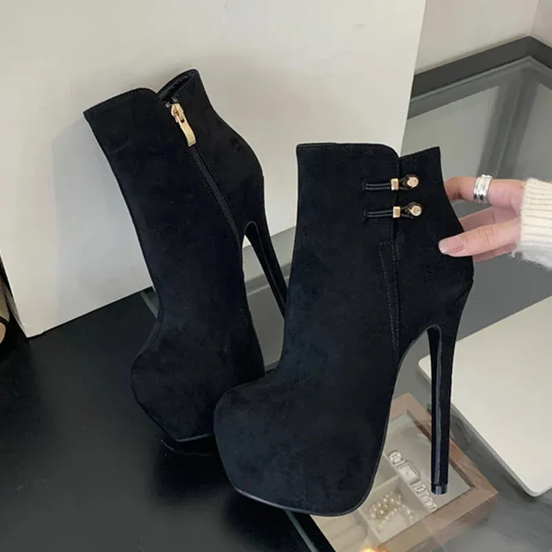 VougeVamp Women’s Black Sexy Platform Boots – Extreme High Heels with Elastic Buckle Strap and Zip Closure