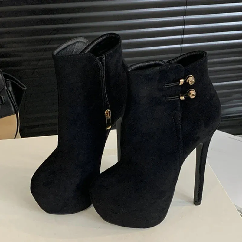 VougeVamp Women’s Black Sexy Platform Boots – Extreme High Heels with Elastic Buckle Strap and Zip Closure