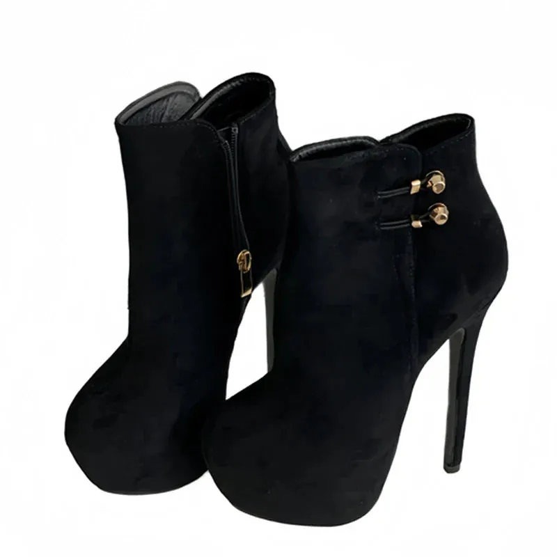 VougeVamp Women’s Black Sexy Platform Boots – Extreme High Heels with Elastic Buckle Strap and Zip Closure