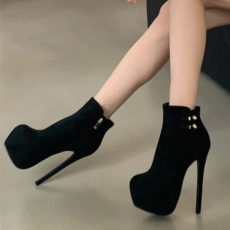 VougeVamp Women’s Black Sexy Platform Boots – Extreme High Heels with Elastic Buckle Strap and Zip Closure