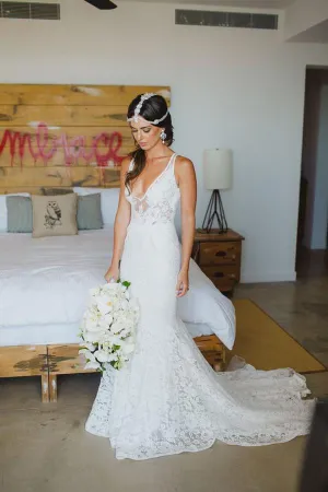 White Tulle Deep V Neck Wedding Dresses with Sweep Train and Appliques, MW134