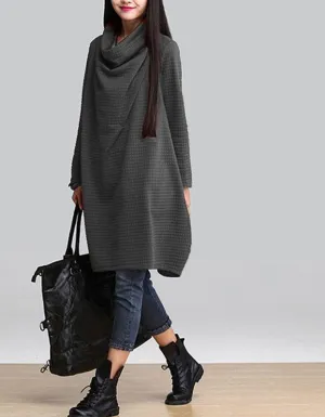 Women Casual Cotton Loose Scarf Collar Dress Temperament Long Sleeve Blouse Plus Size Dress