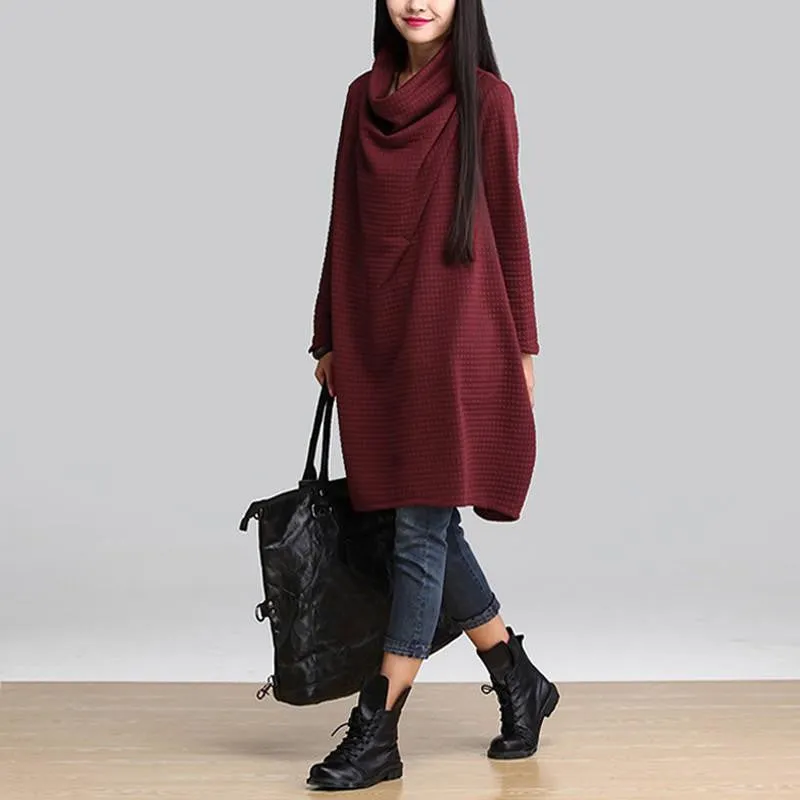 Women Casual Cotton Loose Scarf Collar Dress Temperament Long Sleeve Blouse Plus Size Dress