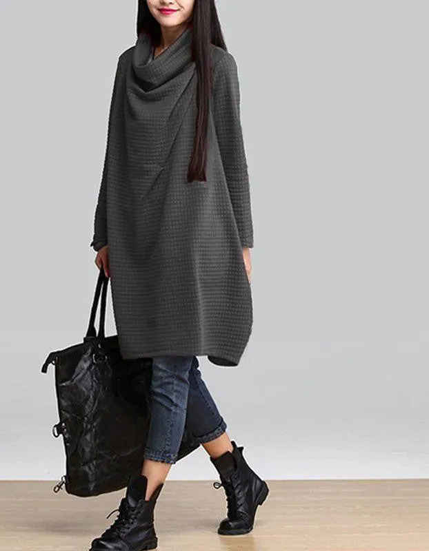 Women Casual Cotton Loose Scarf Collar Dress Temperament Long Sleeve Blouse Plus Size Dress