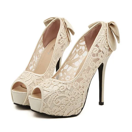 Women Pumps Fashion Lace Peep Toe High Heels Ladies Wedding Shoes Platform White Party Shoes Female Sapatos Femininos