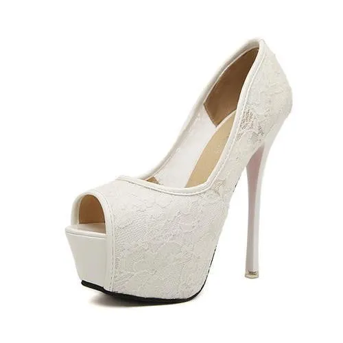 Women Pumps Fashion Lace Peep Toe High Heels Ladies Wedding Shoes Platform White Party Shoes Female Sapatos Femininos