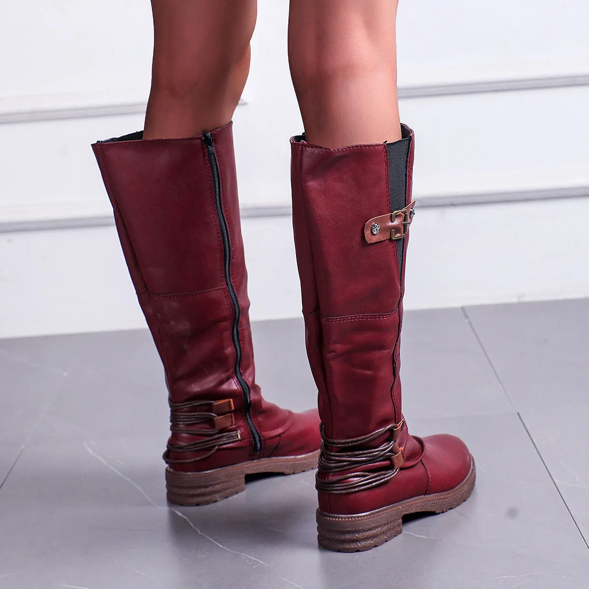 Women's Knee High Leather Boots with Buckle and Zip Up Side