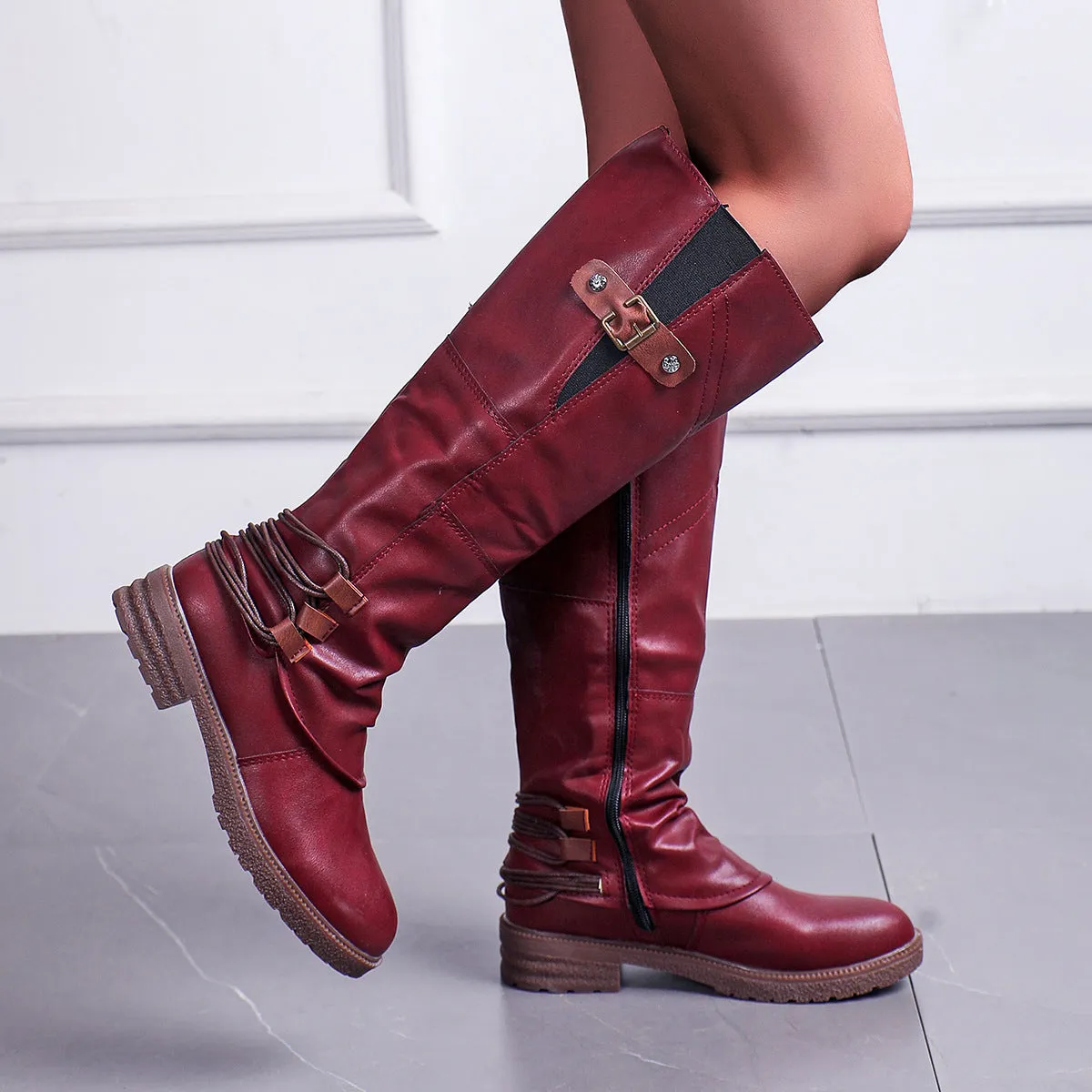 Women's Knee High Leather Boots with Buckle and Zip Up Side