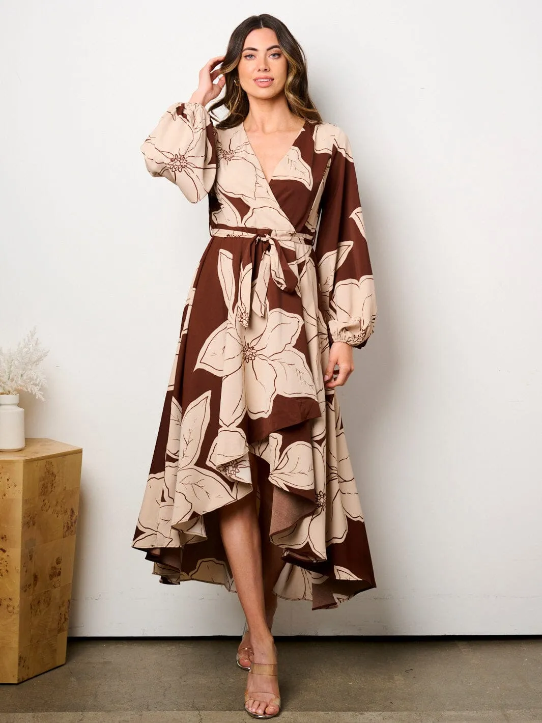 WOMEN'S LONG SLEEVE SELF TIE HIGH-LOW FLORAL PRINT SURPLICE MAXI DRESS