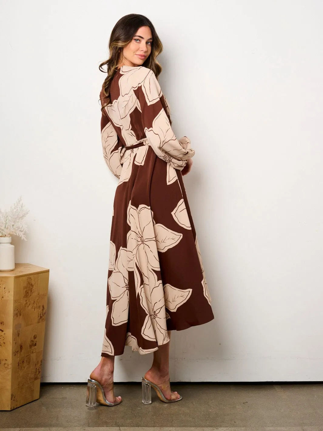 WOMEN'S LONG SLEEVE SELF TIE HIGH-LOW FLORAL PRINT SURPLICE MAXI DRESS