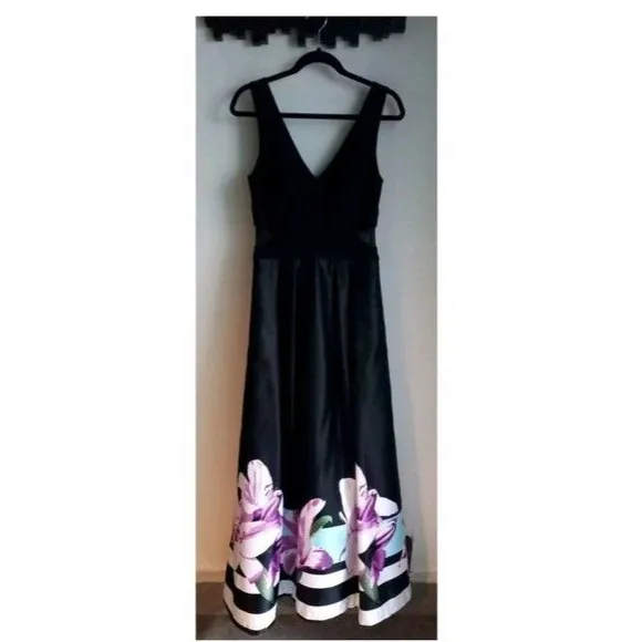 Xscape V-neck Maxi Dress Mesh Waist Cut-outs Bold Floral Border POCKETS SIZE 4